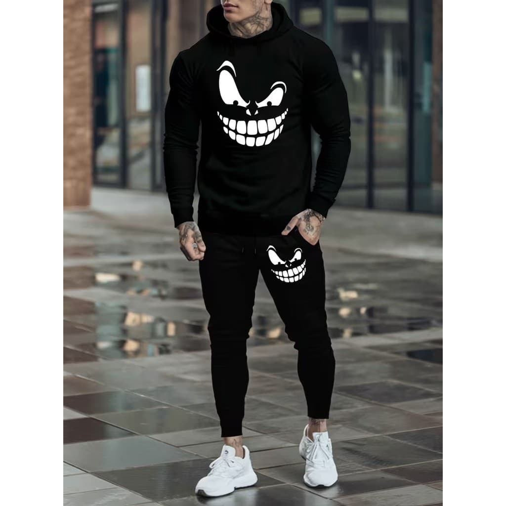 Conjunto Moletom Canguru Masculino Sorriso Macabro Blusa De Frio + Calça Moletom Estampados Unissex Outono/Inverno
