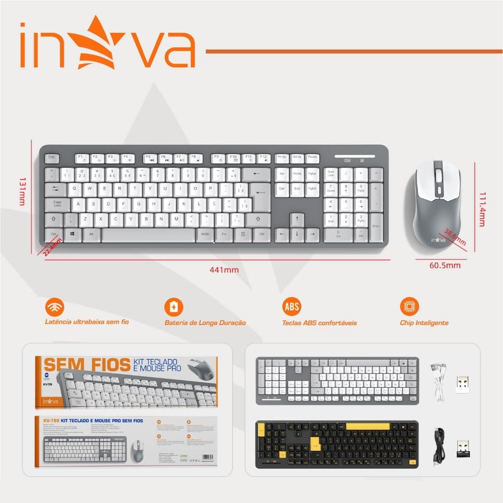INOVA Kit Teclado E Mouse Sem Fio 2.4ghz ABNT2 Receptor Nano Usb