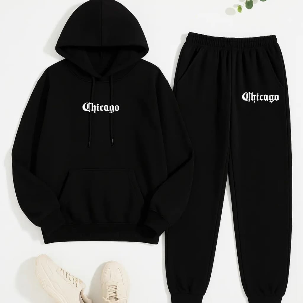 Conjunto Moletom Canguru Masculino Chicago style Blusa De Frio + Calça Moletom Estampados Unissex Outono/Inverno