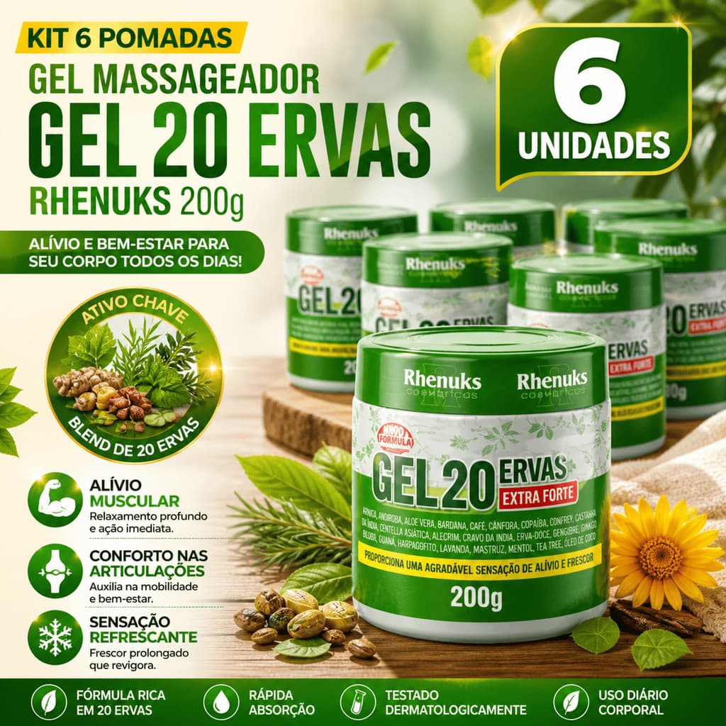 Kit 6 Gel Massageador 20 Ervas Extra Forte Rhenuks 200g Alívio Muscular Relaxante