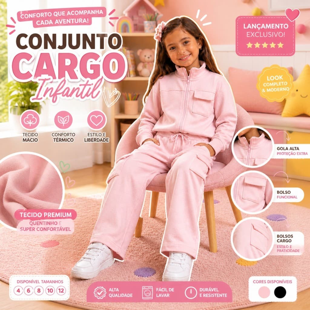 Conjunto Blusa de Frio Infantil Moletom e Calça Cargo Confortável Inverno Moda Bloguerinha