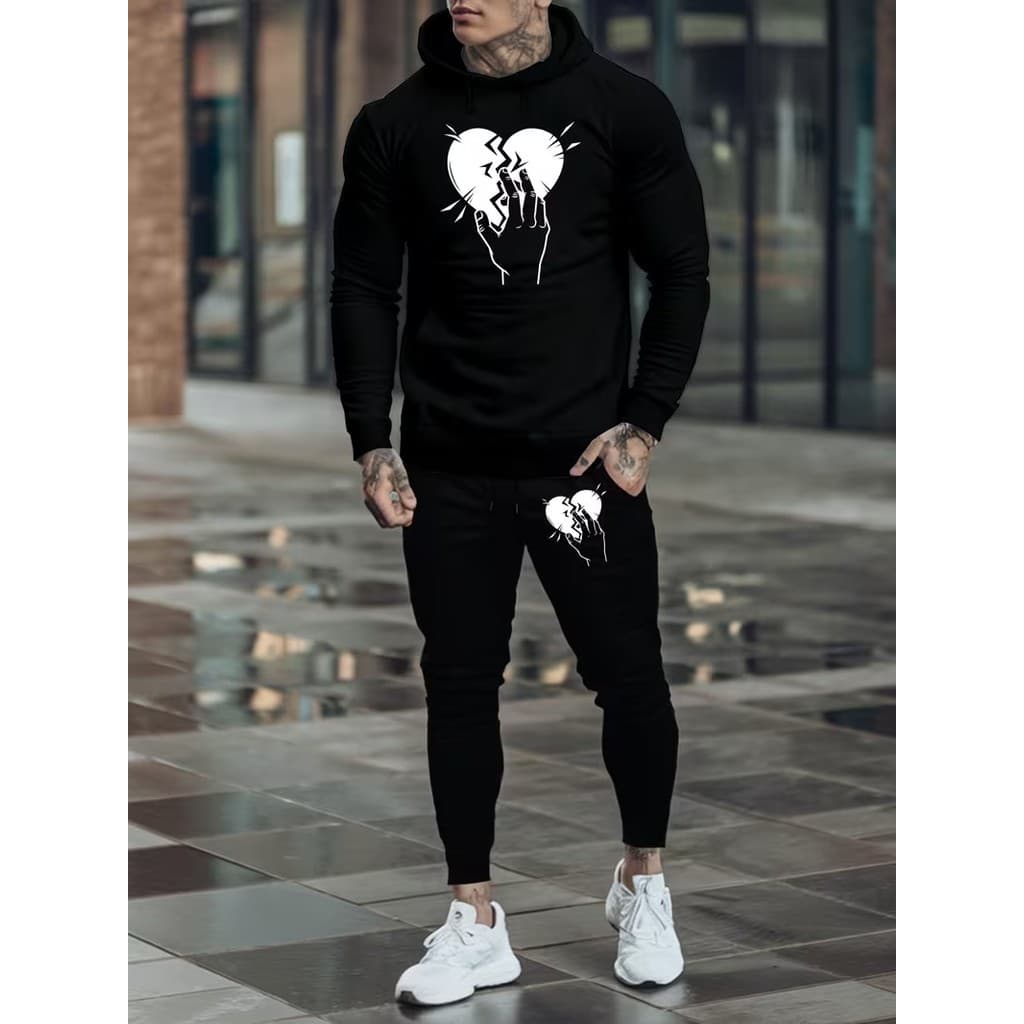 Conjunto Moletom Canguru Masculino Coração partido Blusa De Frio + Calça Moletom Estampados Unissex Outono/Inverno