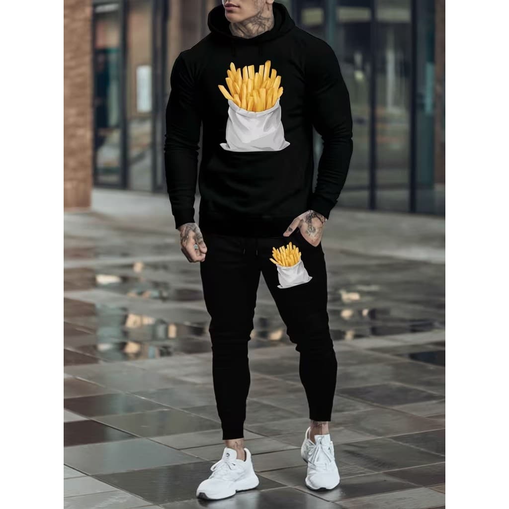 Conjunto Moletom Canguru Masculino Batatas Fritas Blusa De Frio + Calça Moletom Estampados Unissex Outono/Inverno