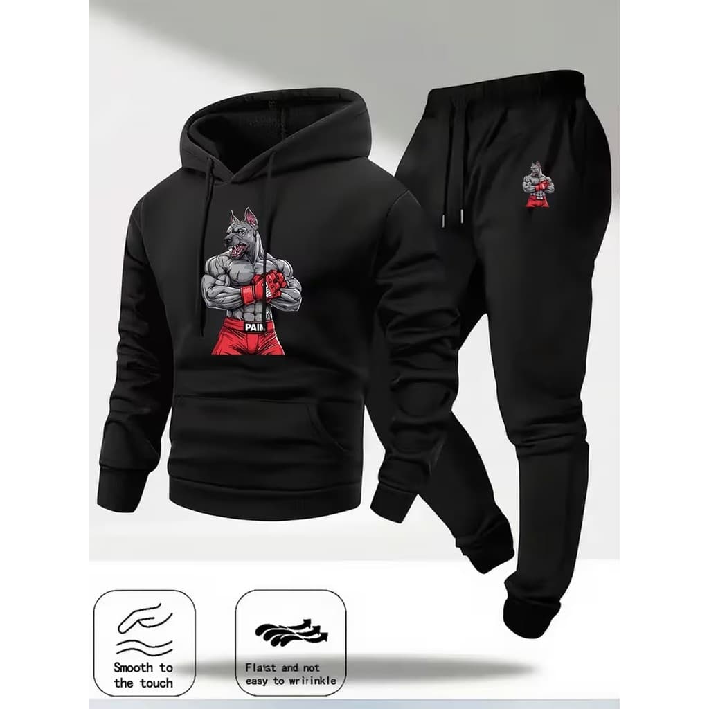 Conjunto Moletom Canguru  Masculino lobo do box Blusa De Frio + Calça Moletom Estampados Unissex Outono/Inverno