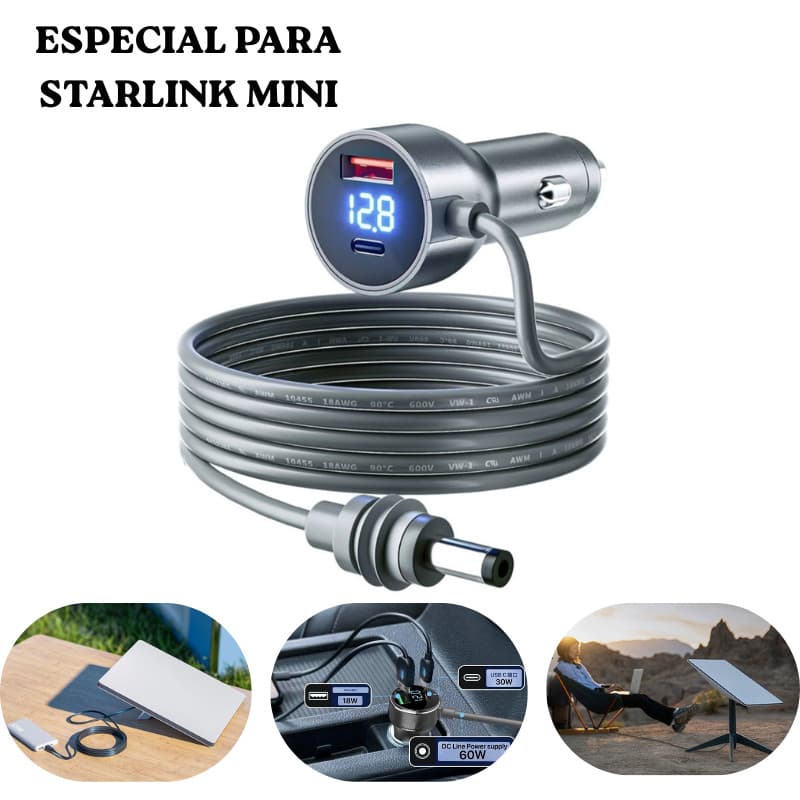 Carregador Veicular Starlink 3 Em 1 – DC, USB-A e Tipo C, 12V/24V, Cabo de 2 Metros