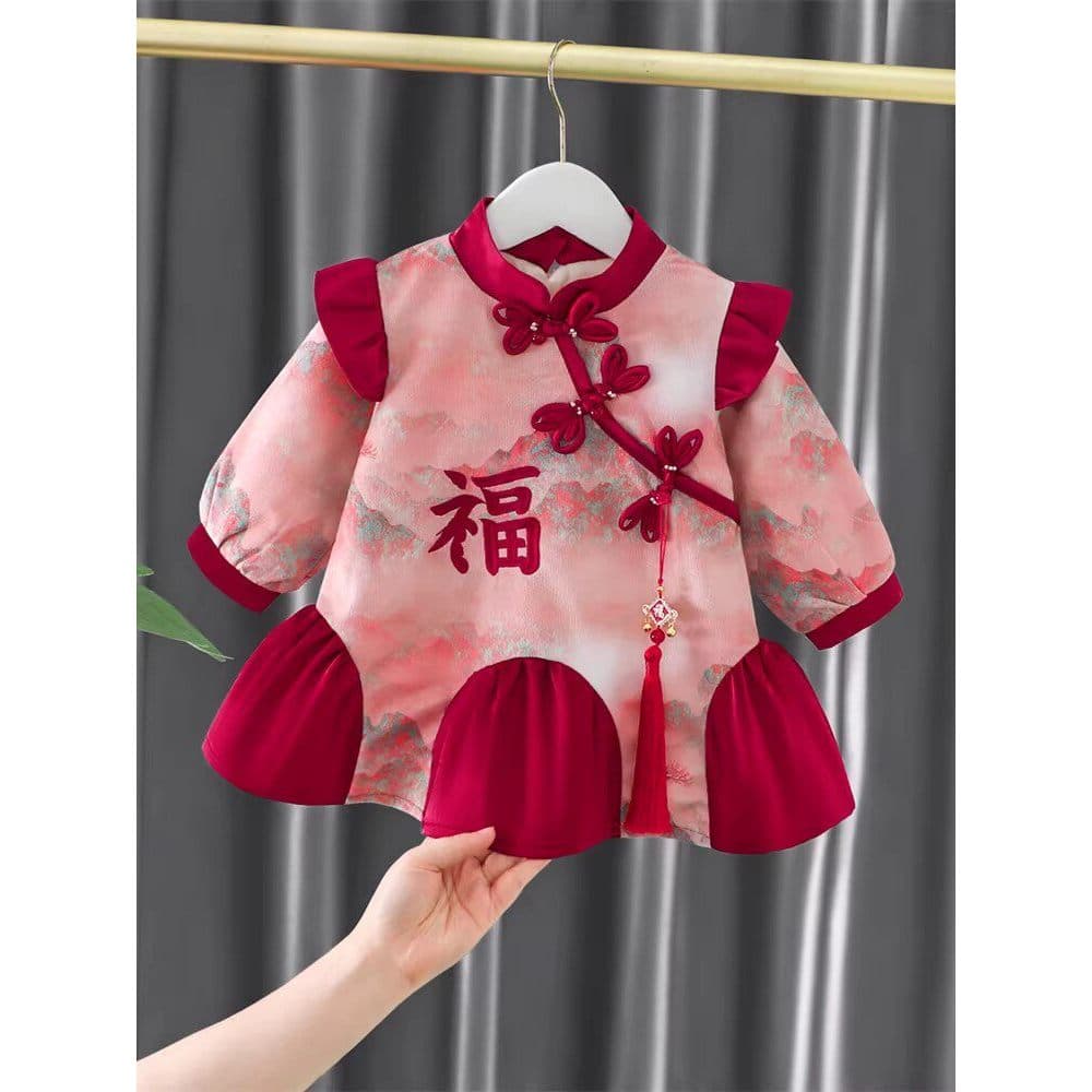Meninas Cheongsam mais veludo saia de inverno bebê menina engrossado roupas de ano novo novo novo estilo menina roupas d