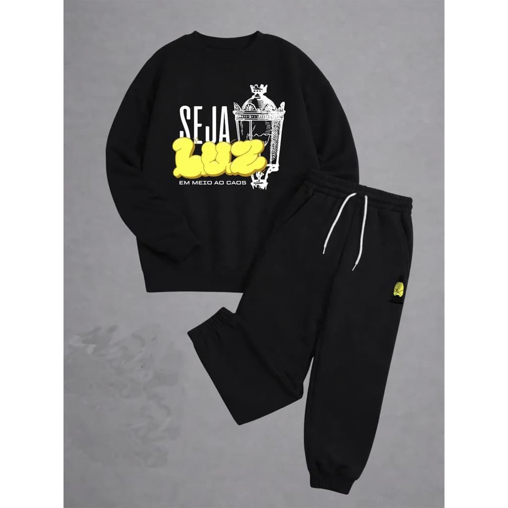 Conjunto Moletom Careca Masculino Seja Luz Blusa De Frio + Calça Moletom Estampados Unissex Outono/Inverno