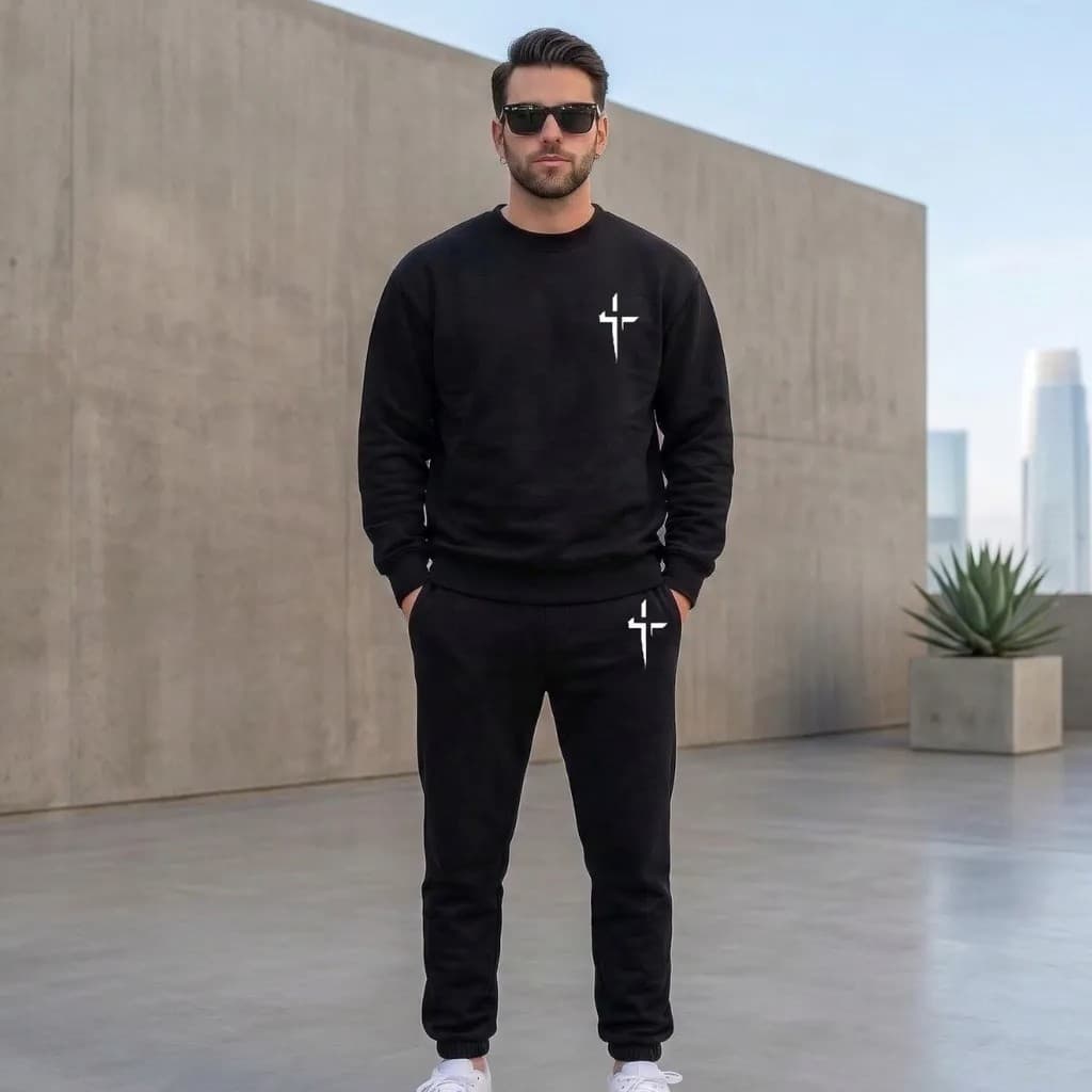 Conjunto Moletom Careca Masculino Cruz Minimalista Blusa De Frio + Calça Moletom Estampados Unissex Outono/Inverno