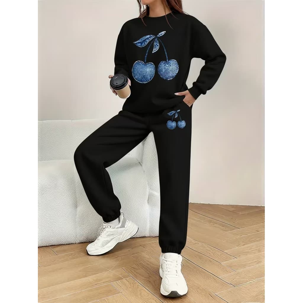 Conjunto Moletom Careca Feminino Cereja Vintage Blusa De Frio + Calça Moletom Estampados Unissex Outono/Inverno