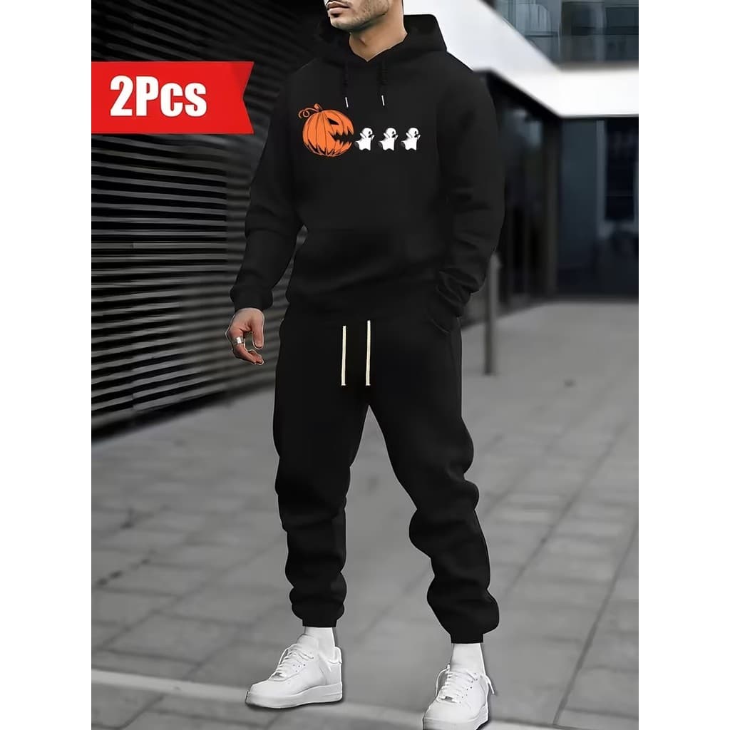 Conjunto Moletom Canguru Masculino Abobora e fantasma Blusa De Frio + Calça Moletom Estampados Unissex Outono/Inverno
