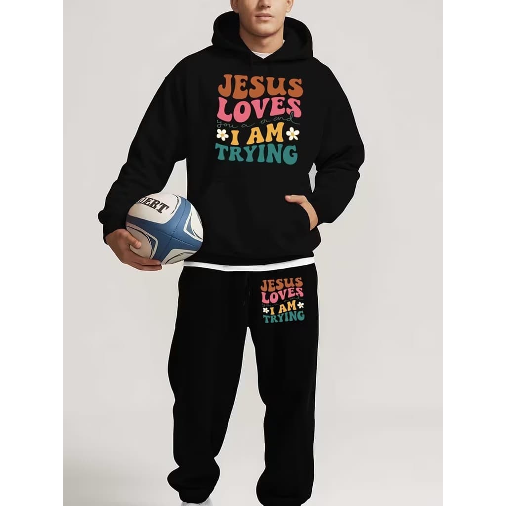 Conjunto Moletom Canguru Masculino Jesus Love Blusa De Frio + Calça Moletom Estampados Unissex Outono/Inverno