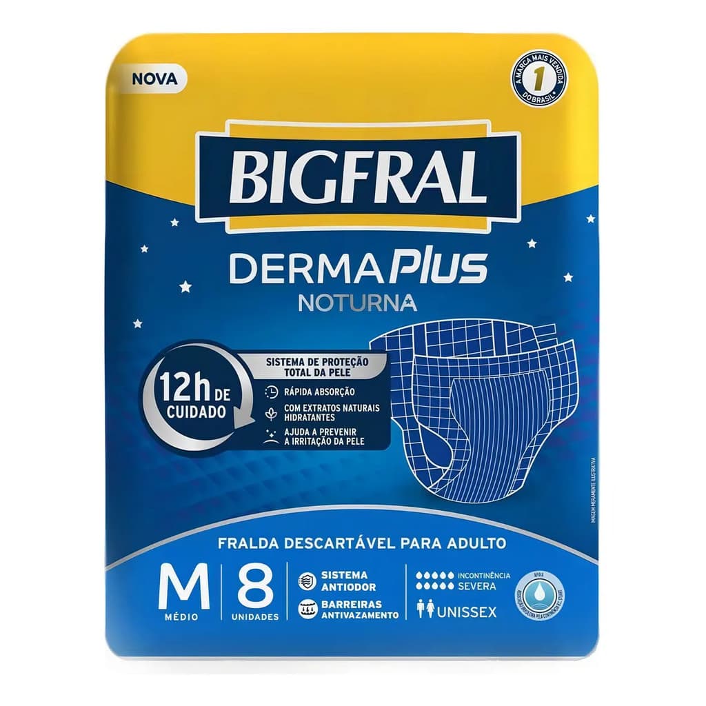 Fralda Geriátrica Bigfral Derma Plus Noturna M 8 Unidades Alta Absorção Médio