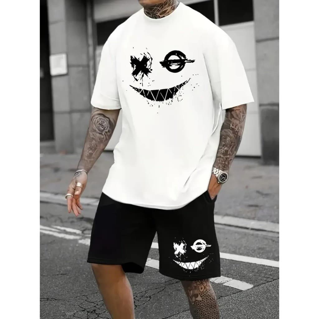 Conjunto Camiseta Camisa T-Shirt Smile Masculina + Bermuda Moletom Short