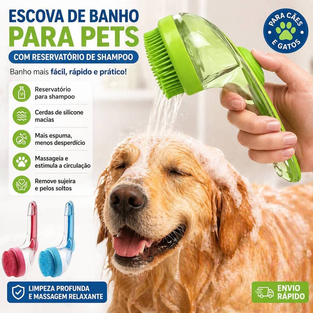 Escova de Banho Pet com Reservatório de Shampoo Silicone Macio Massageador para Cães e Gatos