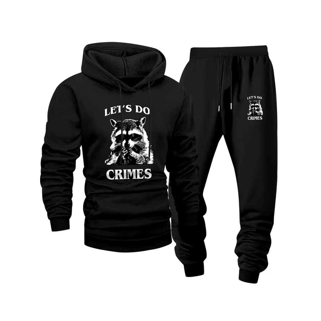 Conjunto Moletom Masculino Lets dos crimes Blusa De Frio Canguru Bolso e Capuz + Calça Moletom Estampados Outono/Inverno