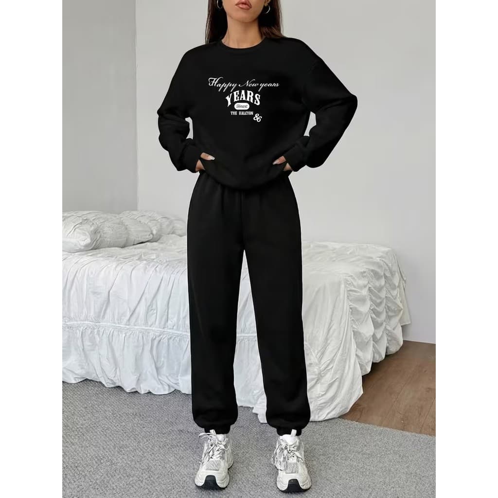 Conjunto Moletom Careca Feminino Happy New Years Blusa De Frio + Calça Moletom Estampados Unissex Outono/Inverno