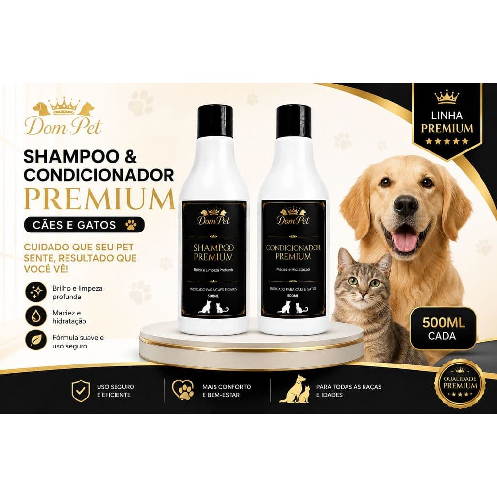 Kit Completo Dom Pet Shampoo e Condicionador Premium 500ml Para Cães e Gatos Profissional novo
