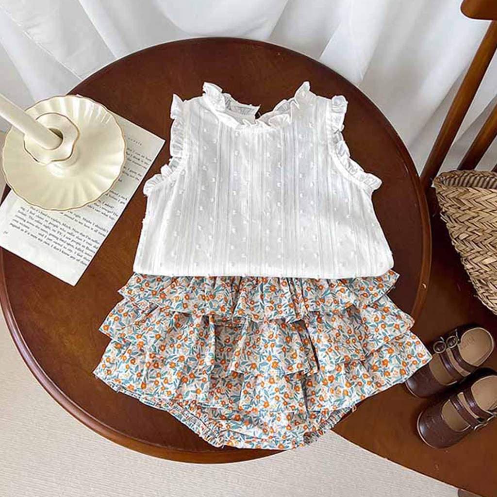 2026 verão novo estilo bebê menina topo Shorts terno moda roupas de manga curta bebê duas peças estilo fino menina