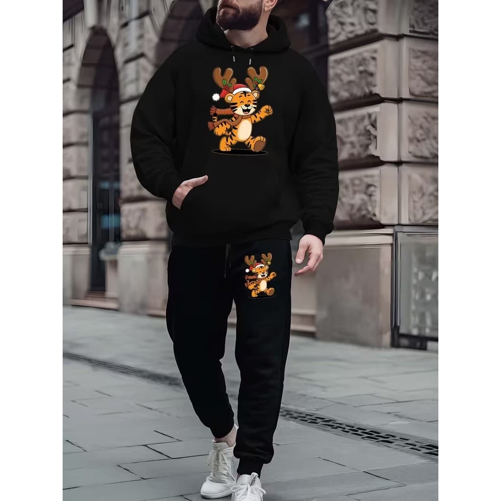 Conjunto Moletom Canguru Masculino Tigre Noel Blusa De Frio + Calça Moletom Estampados Unissex Outono/Inverno