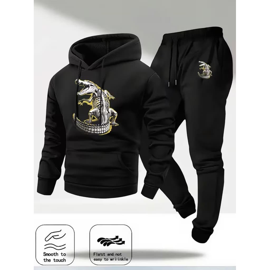 Conjunto Moletom Canguru Masculino Crocodilo Blusa De Frio + Calça Moletom Estampados Unissex Outono/Inverno