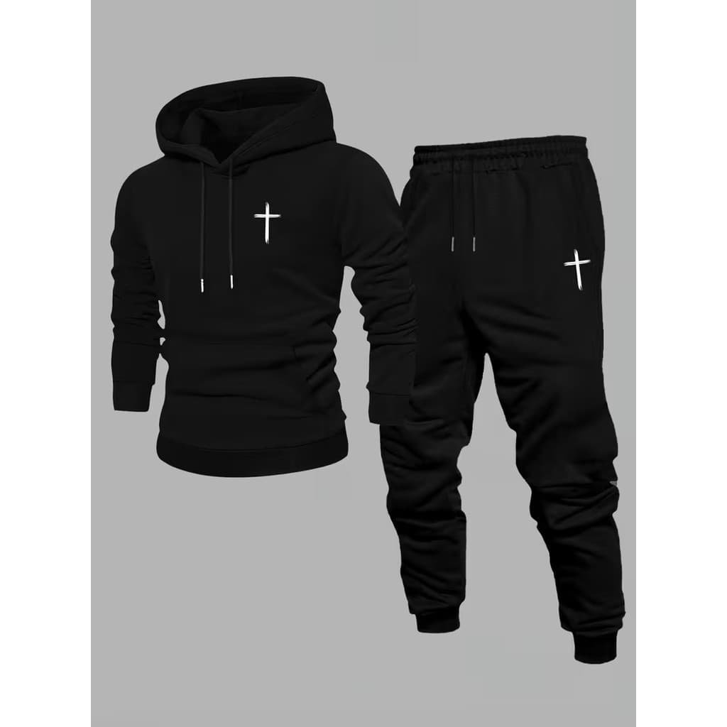 Conjunto Moletom Canguru Masculino Cruz Simple Blusa De Frio + Calça Moletom Estampados Unissex Outono/Inverno