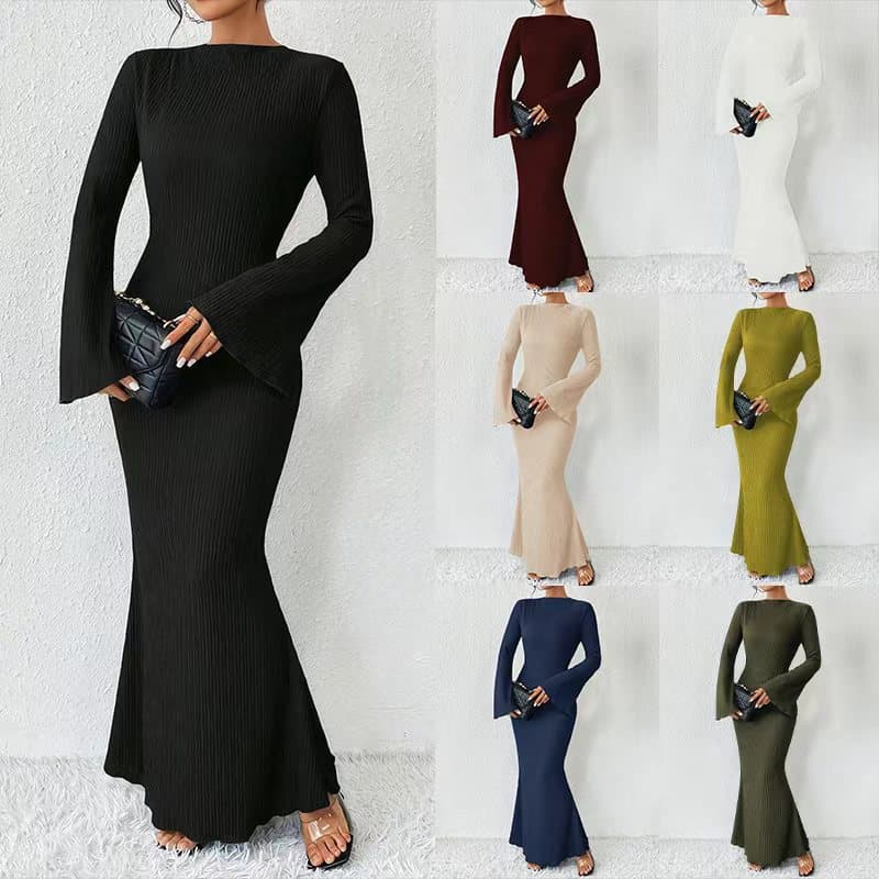 Vestido longo feminino tamanho europeu, vestido feminino justo com mangas em sino, vestido feminino com corte sereia.