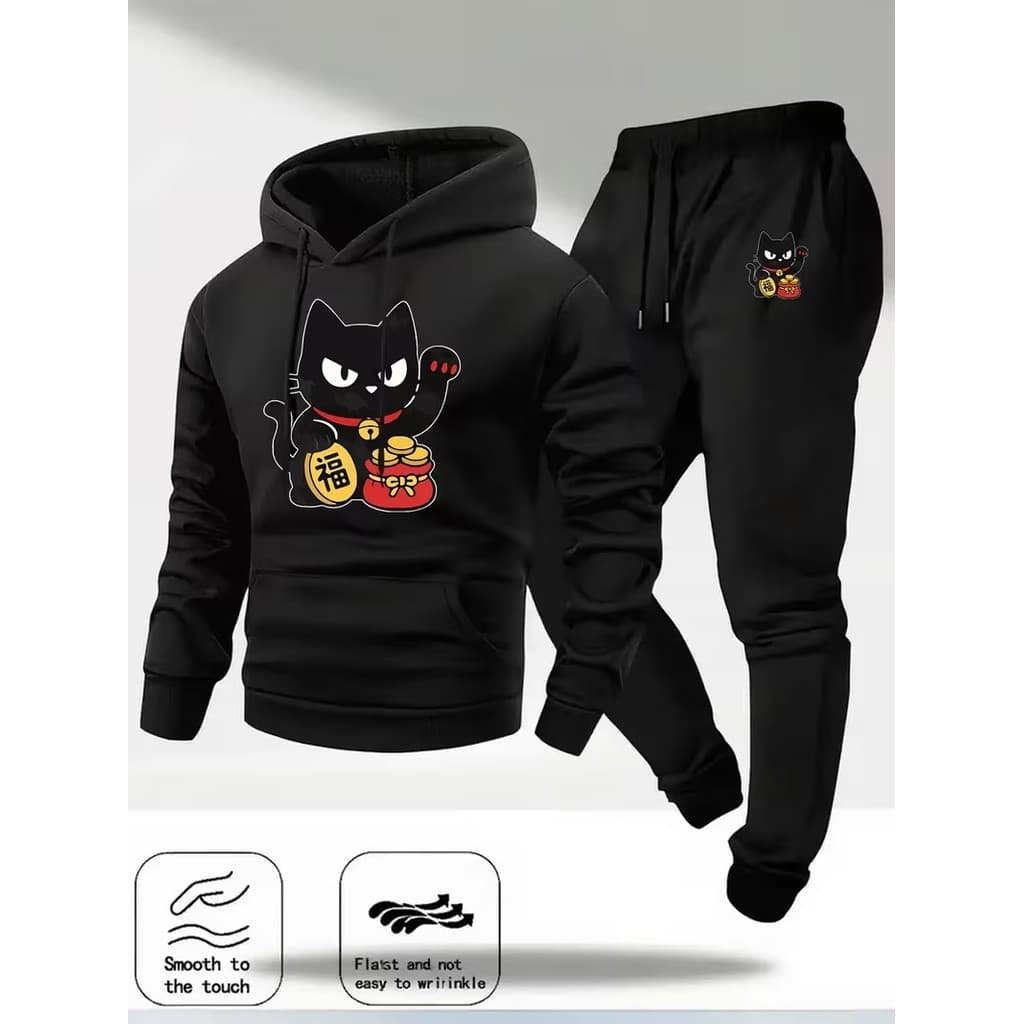 Conjunto Moletom Canguru Masculino Gato rico Blusa De Frio + Calça Moletom Estampados Unissex Outono/Inverno