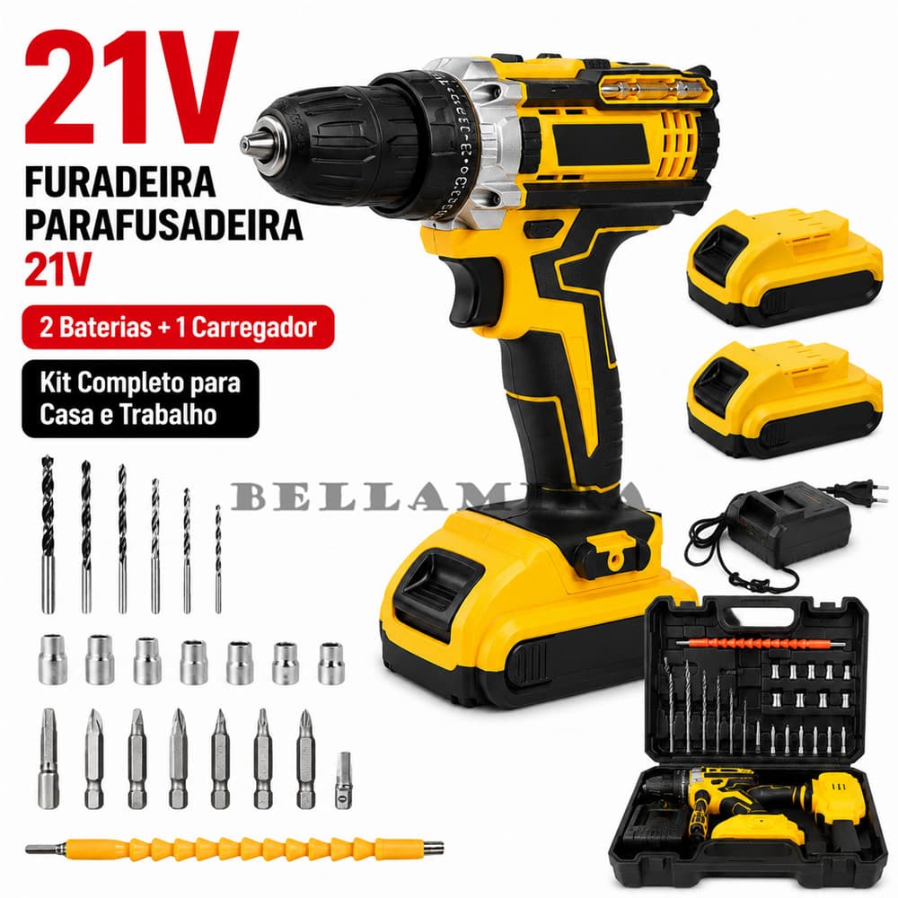 Parafusadeira e Furadeira De Impacto Profissiona  2 Baterias 21v  - Maleta Com 28pçs
