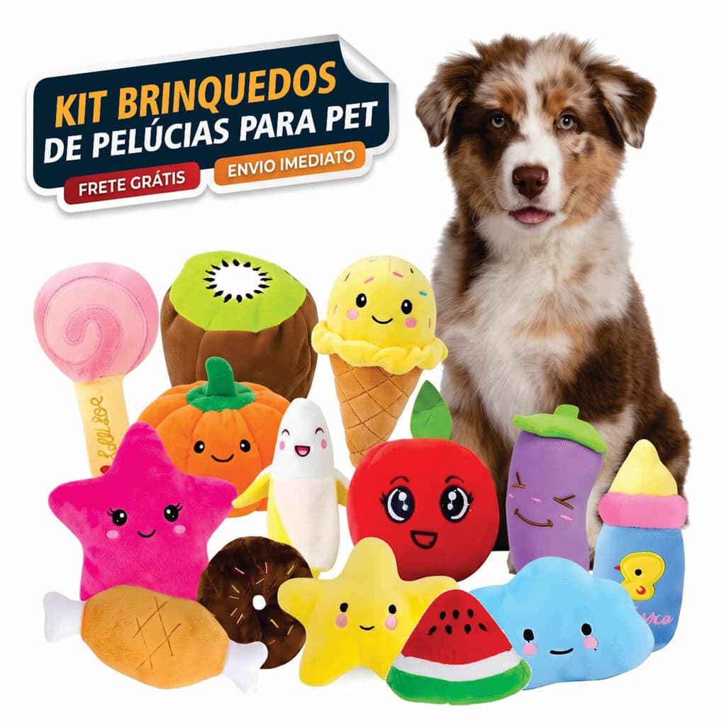 Kit Brinquedos Pelúcia para Cachorro e Gato com Apito Mordedor Macio Resistente Antiestresse Pet
