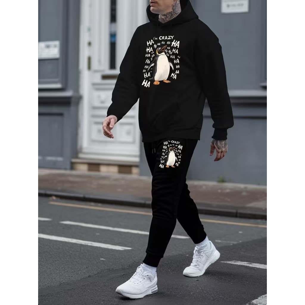 Conjunto Moletom Canguru  Masculino Pinguim Blusa De Frio + Calça Moletom Estampados Unissex Outono/Inverno