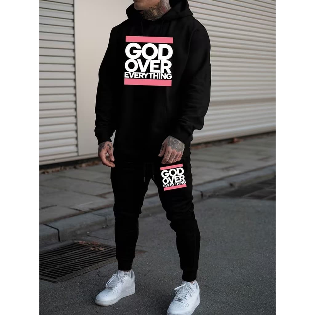 Conjunto Moletom Careca Masculino God over Blusa De Frio + Calça Moletom Estampados Unissex Outono/Inverno