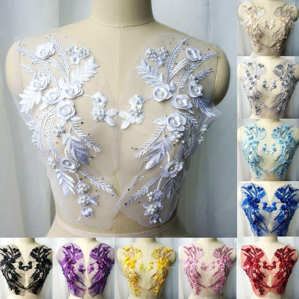 1 Peças Aplique de Renda Bordado Costura Pérolas Flor Tecido de Tule Colar Patchwork Vestido de Noiva Roupas de Noiva DI