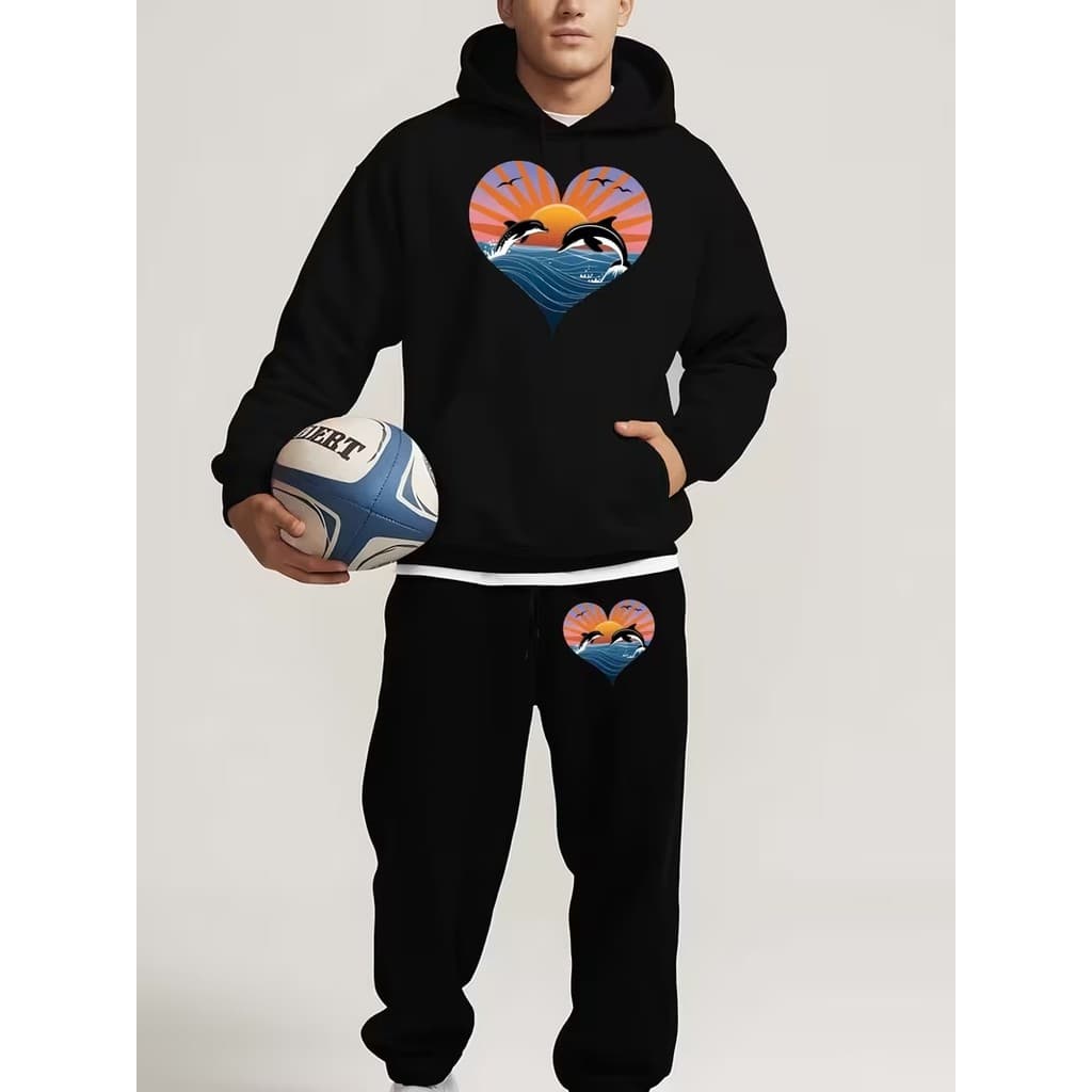 Conjunto Moletom Canguru Masculino Golfinhos Blusa De Frio + Calça Moletom Estampados Unissex Outono/Inverno