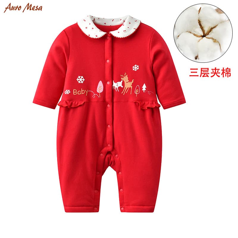 Inverno bebê roupas de algodão de uma peça vermelho festivo acolchoado bebê menina macacão bebê criança natal ano novo r