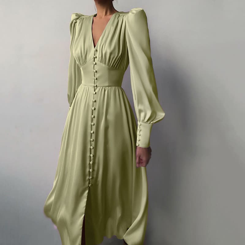 Vestidos de vestido vestido vestido de cetim francês feminino Design sentido lanterna mangas cintura estreita mais magro