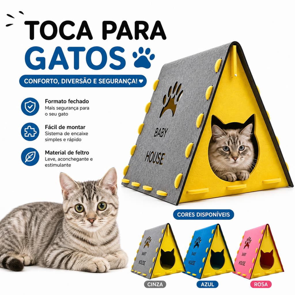 Toca para Gatosem Feltro Casinha Cama Pet Dobrável Confortável + Arranhador Azul Cinza e Rosa