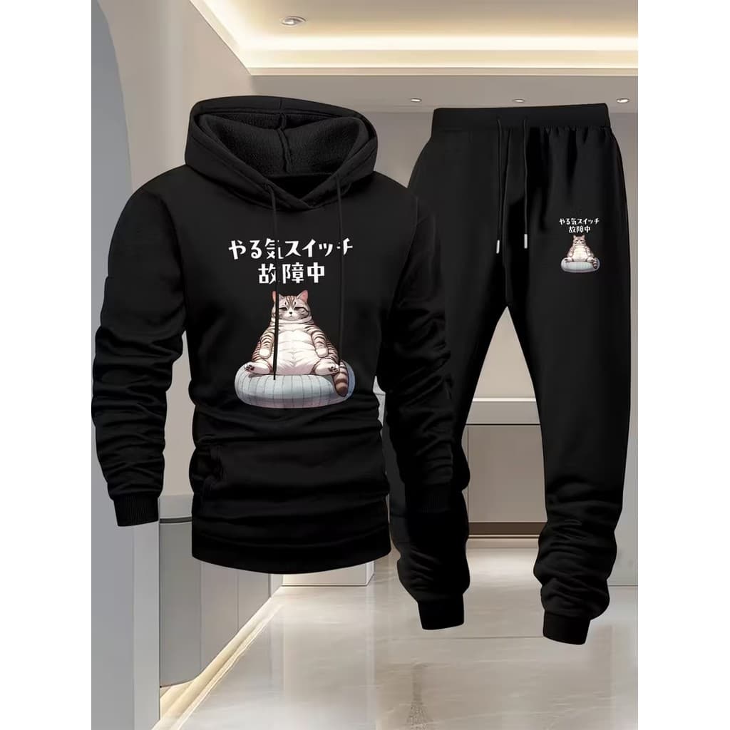 Conjunto Moletom Canguru Masculino Gato Obeso Blusa De Frio + Calça Moletom Estampados Unissex Outono/Inverno