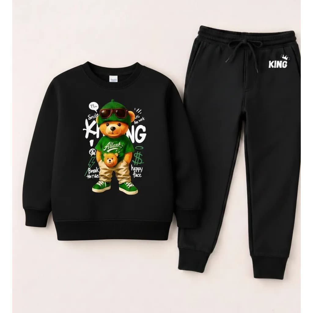 Conjunto Moletom Careca Masculino Rei Urso Blusa De Frio + Calça Moletom Estampados Unissex Outono/Inverno