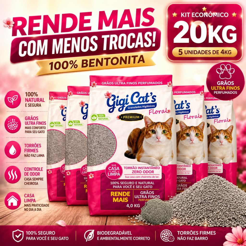 Kit 5 Areia Sanitária Higiênica Gato Premium Natural Granulado 100% Bentonita Gigi Cat´s Floral 4Kg