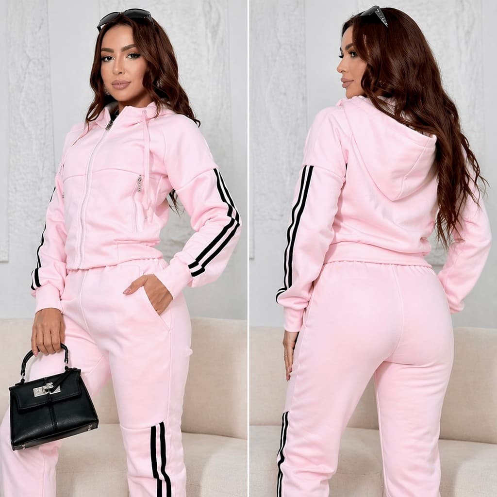 Conjunto Moletom Feminino Listra Lateral Calça Jogger E Blusa Com Zíper Capuz Look Esportivo Confortável Casual Luxo