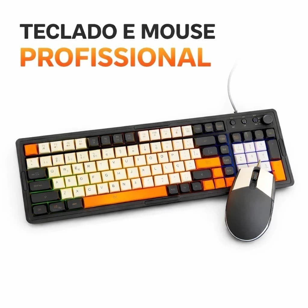 Kit Teclado e Mouse Gamer RGB com Fio 98 Teclas Semi Mecânico Controle de Volume MK608