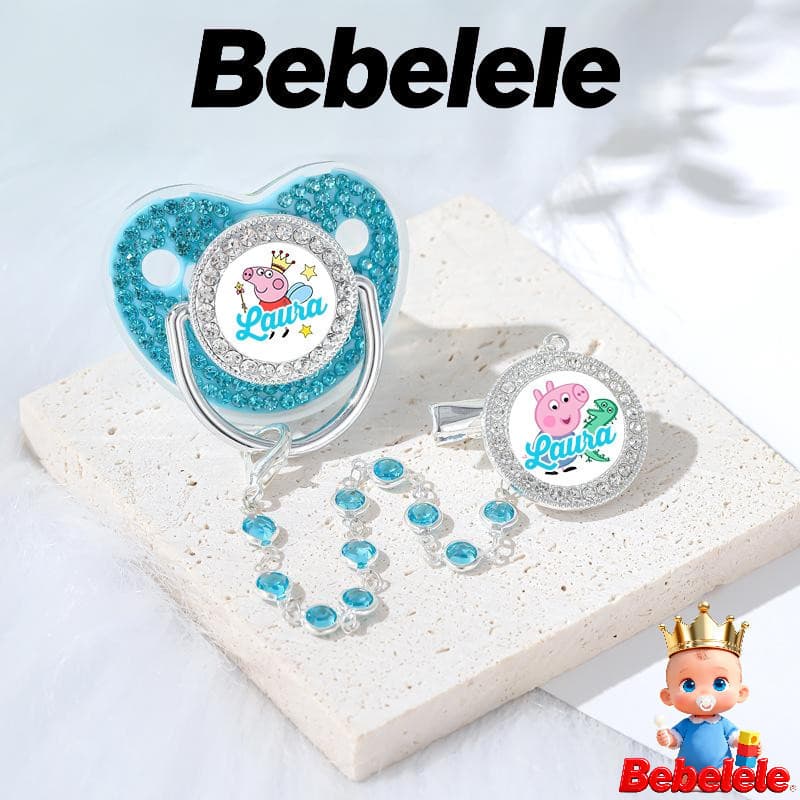 Chupeta de bebê com diamante azul, inclui prendedor de chupeta, nome e foto personalizados