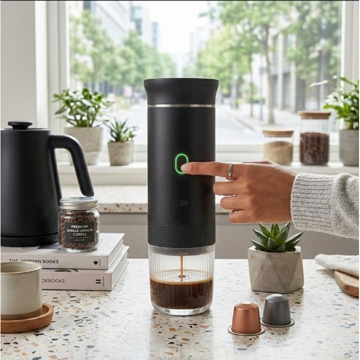 Cafeteira Expresso USB Portátil 3 em 1 Compatível com Cápsulas e Café Moído Baoshi