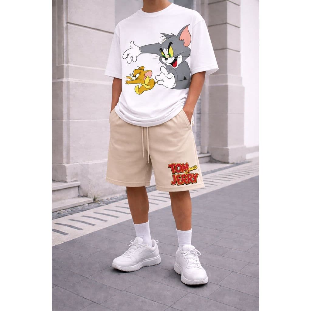 Conjunto Masculino Camiseta Estampa Cartoon Bermuda Moletom Algodão Premium Casual Confortável