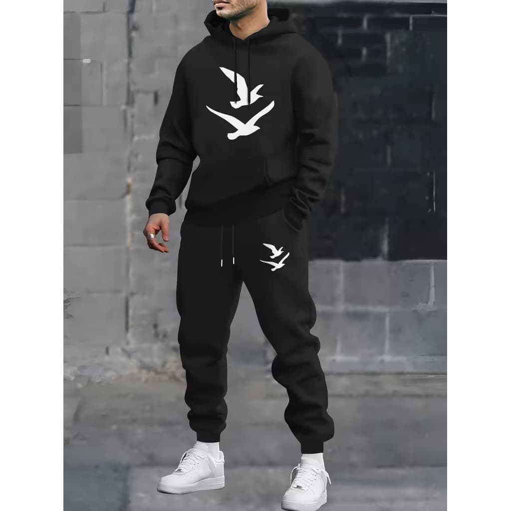 Conjunto Moletom Canguru Masculino Passaros Blusa De Frio + Calça Moletom Estampados Unissex Outono/Inverno