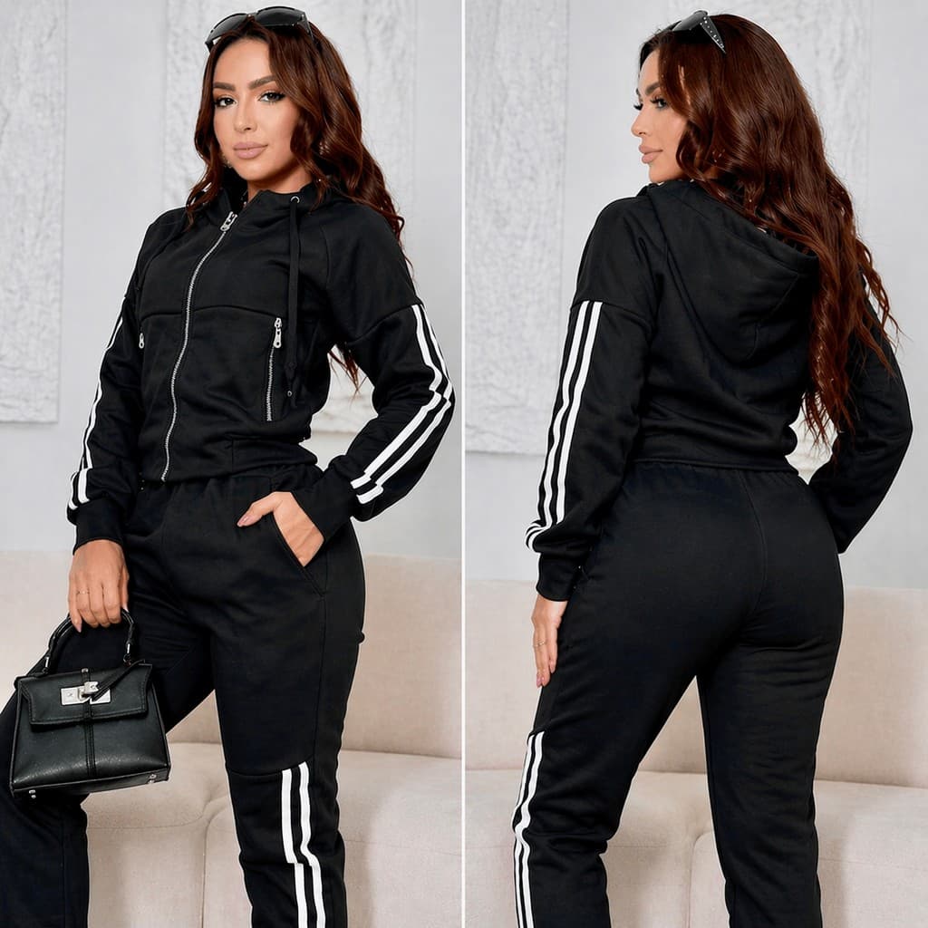 Conjunto Feminino Moletom Calça Jogger E Casaco Zíper Com Listras Laterais Academia Treino Viagem Casual Estiloso
