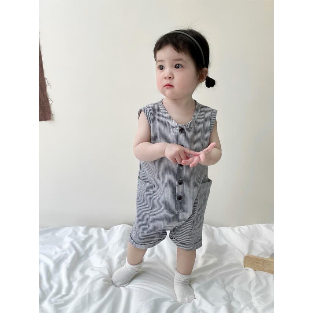 Estilo ocidental roupas de bebê verão bebê menina fino macacão bebê menino bonito macacão puro algodão sem mangas listra
