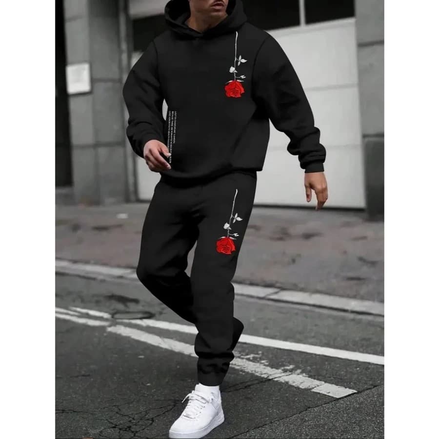 Conjunto Moletom Masculino Roses Blusa De Frio Canguru Bolso e Capuz + Calça Moletom Estampados Unissex Outono/Inverno