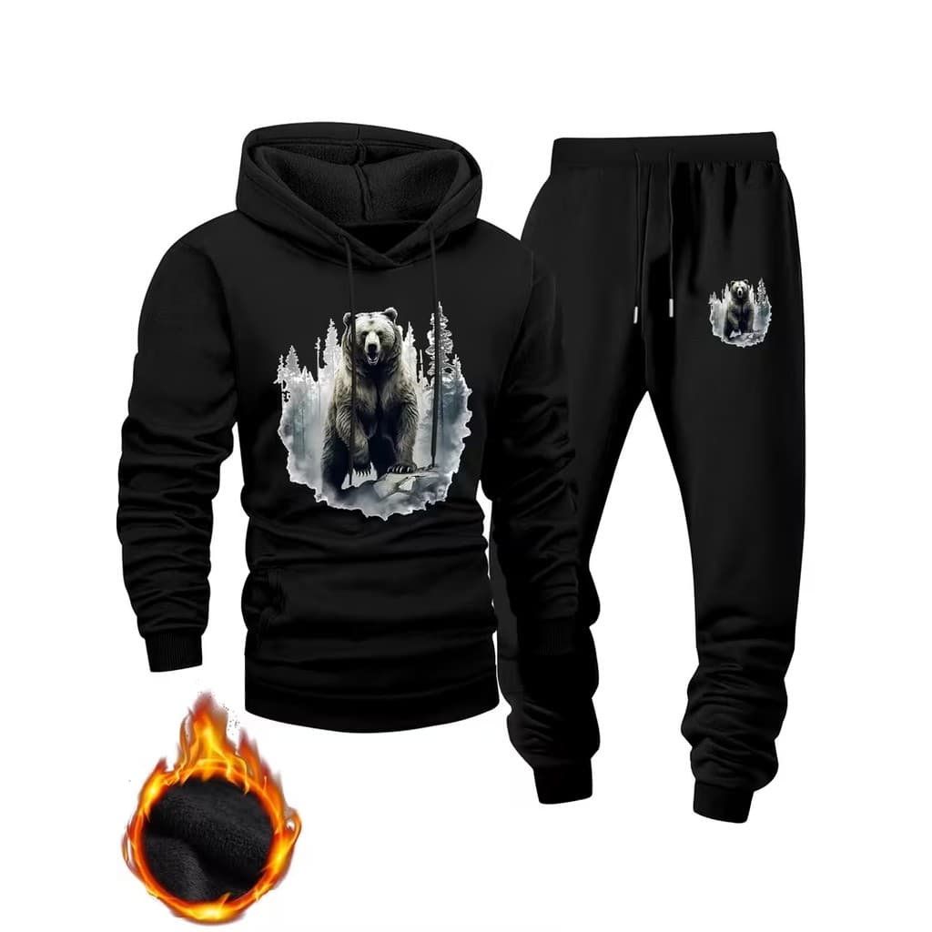 Conjunto Moletom Masculino Urso polar Blusa De Frio Canguru Bolso e Capuz + Calça Moletom Estampados Outono/Inverno