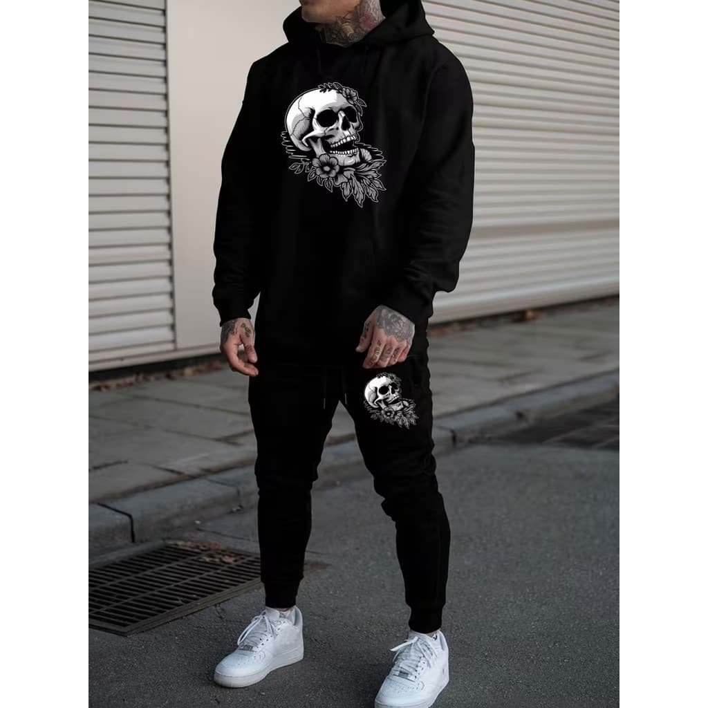 Conjunto Moletom Canguru Masculino Caveiraa Blusa De Frio + Calça Moletom Estampados Unissex Outono/Inverno